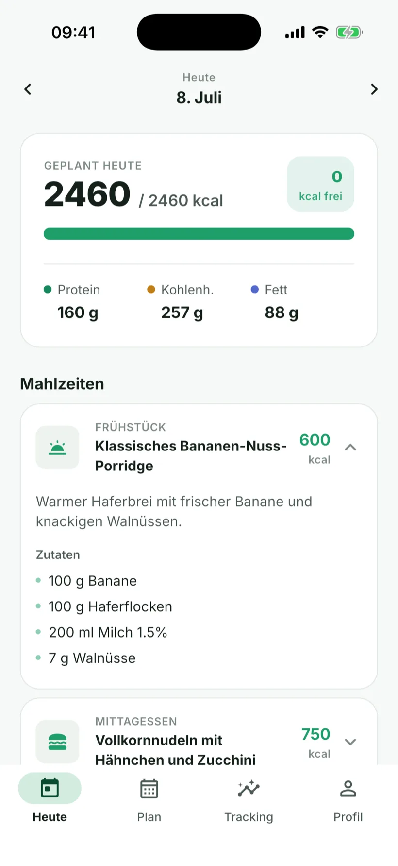 Aufgeklappte Mahlzeit mit Zutatenliste: Banane, Haferflocken, Milch, Walnüsse