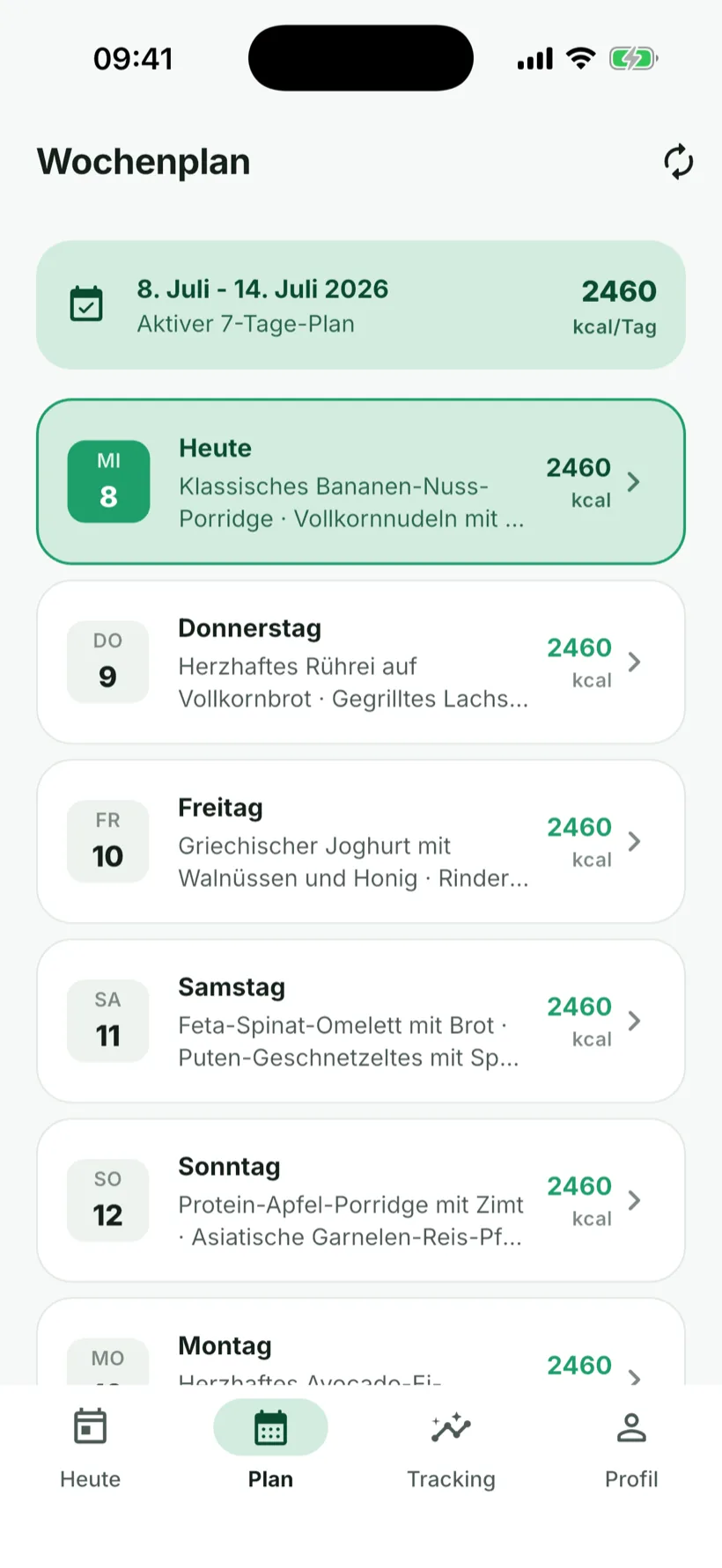 Wochenplan-Ansicht mit sieben Tageskarten, je 2.460 kcal